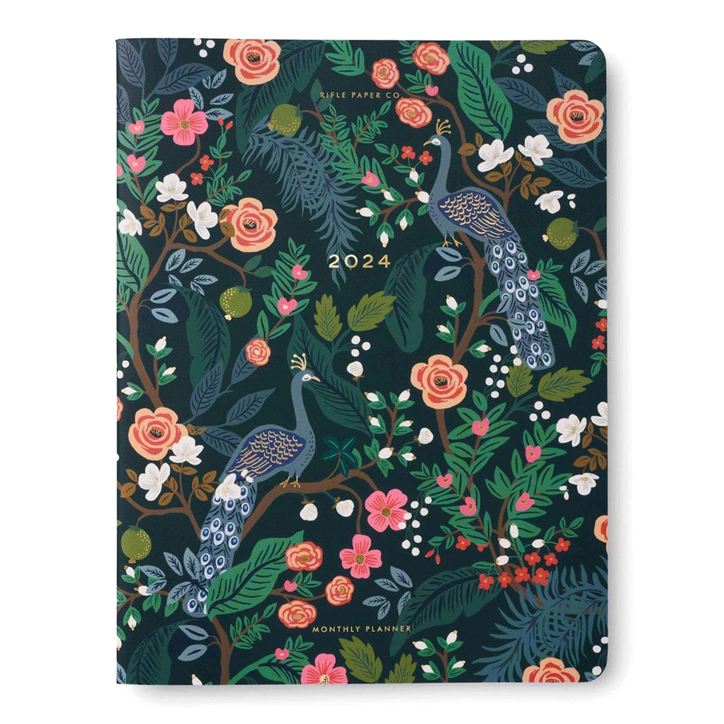 Rifle Paper Co. 2024 Monthly Planner Appointment Notebook, front cover with signature Peacock floral print.