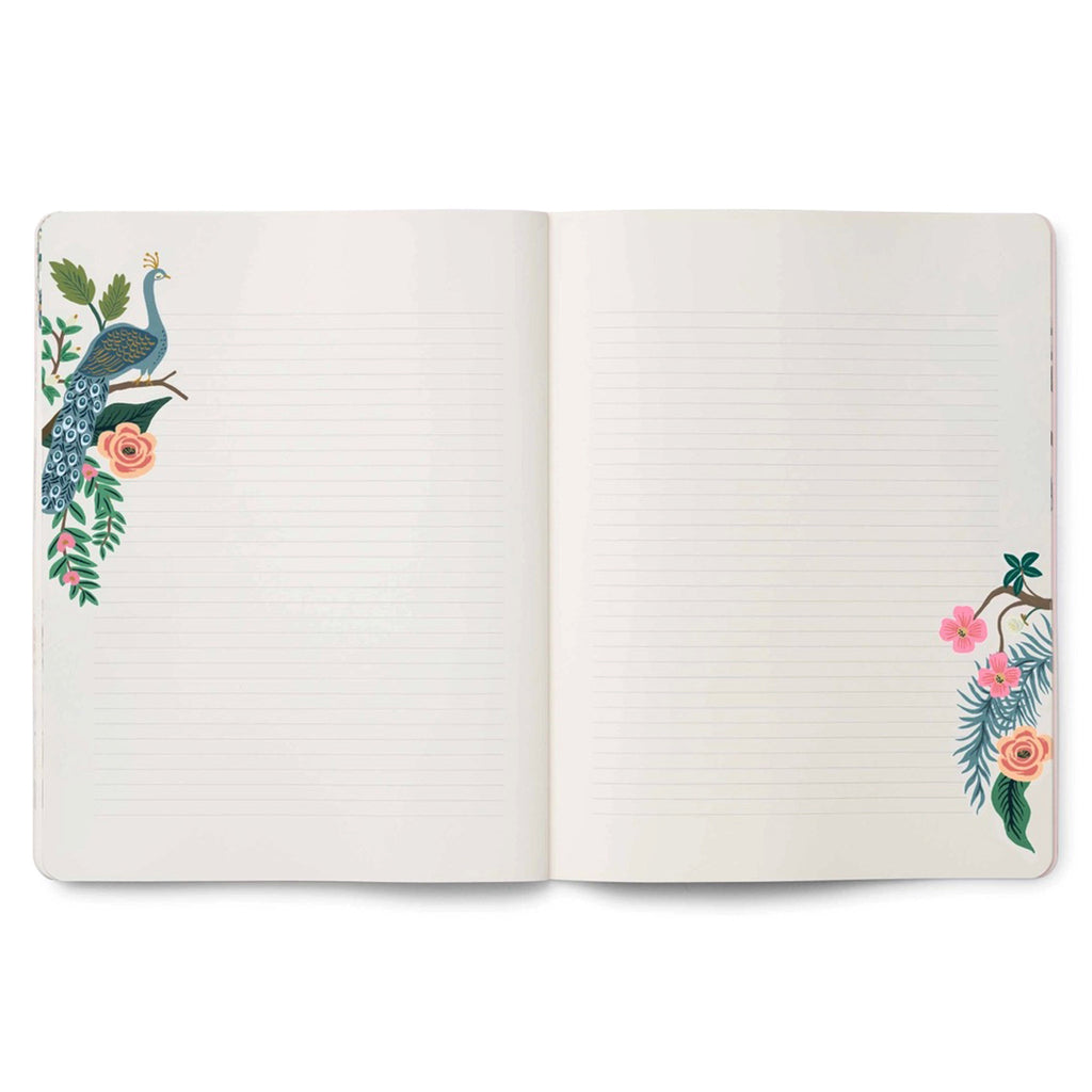 Rifle Paper Co. 2024 Monthly Planner Appointment Notebook, notes section with lined pages and signature Peacock floral motif at the bottom of the pages.