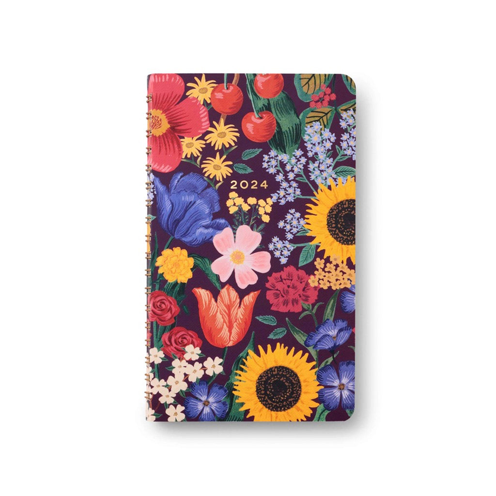 Rifle Paper Co. Blossom 12-month spiral pocket planner notebook, front cover with colorful floral print and "2024" in gold foil.