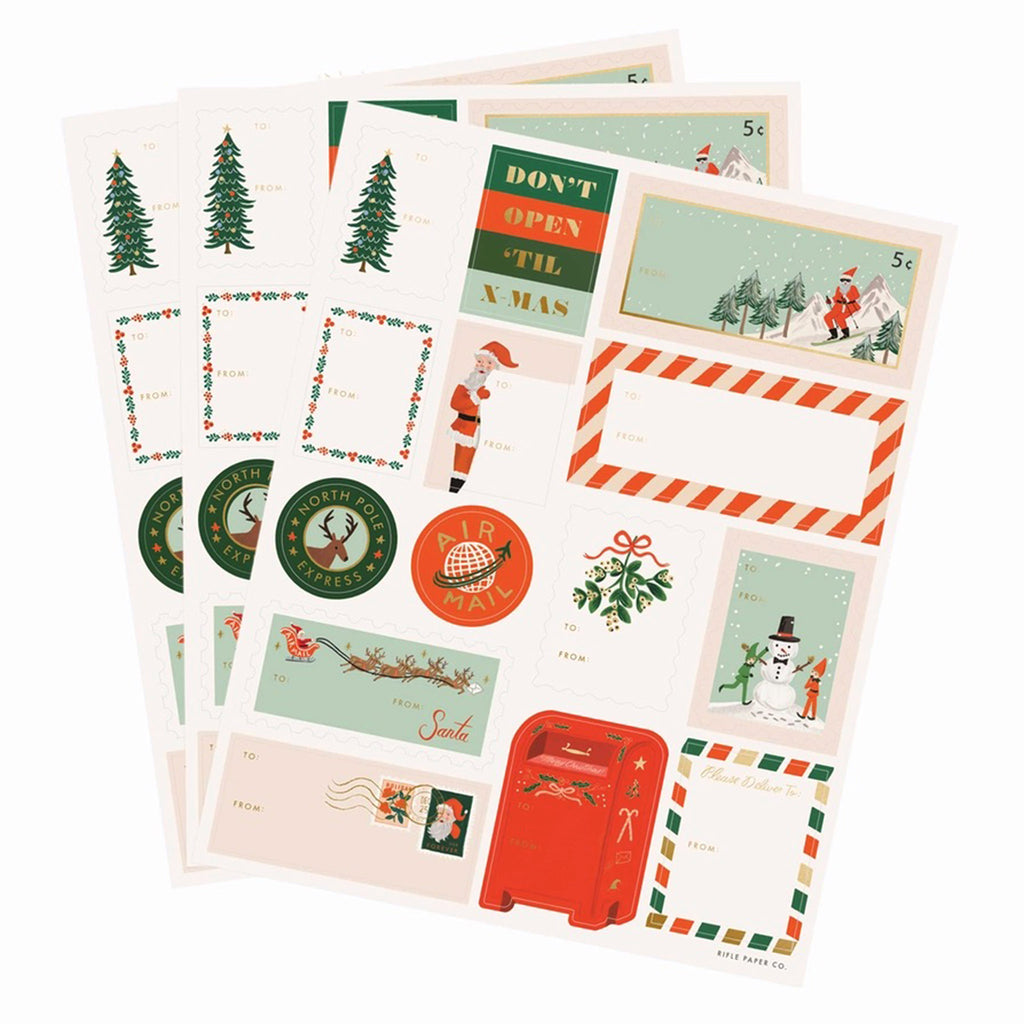 Rifle Paper Co. Santa's Workshop holiday Christmas gift sticker labels, 3 sheets, each with  14 stickers on them.