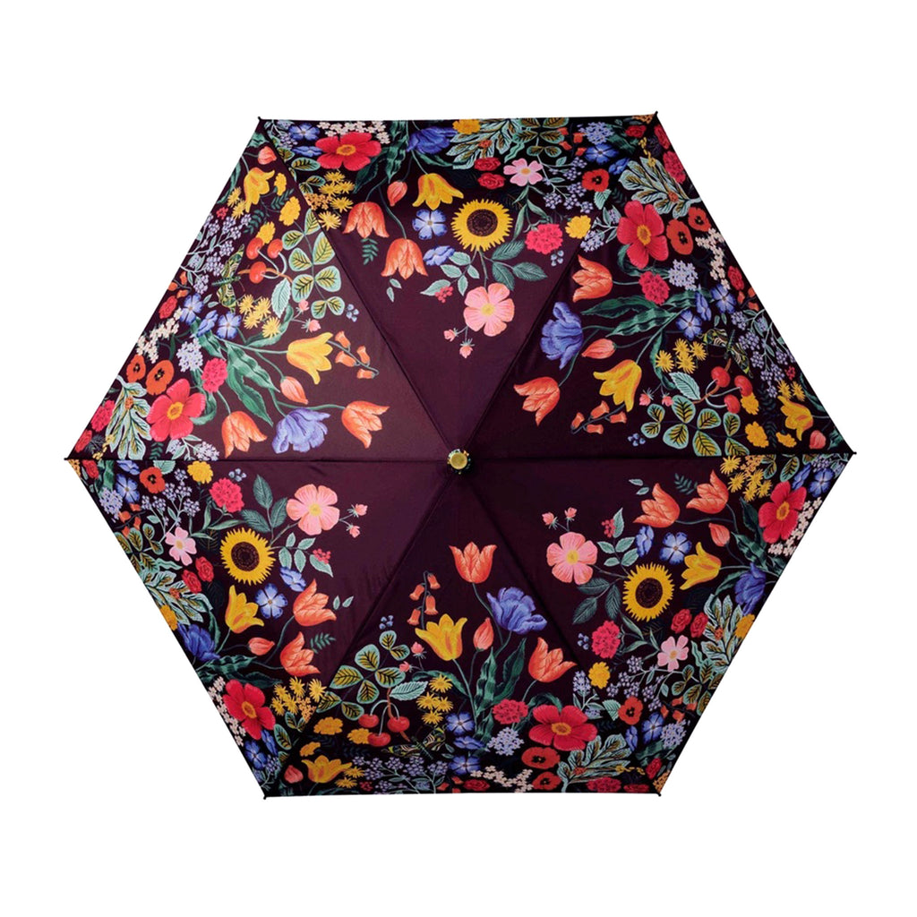 Rifle Paper Co. Blossom colorful floral print on black background automatic umbrella, full view of the canopy.