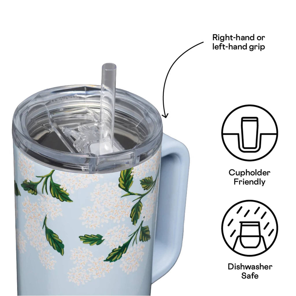 Rifle Paper Co. x Corkcicle 40 ounce insulated stainless steel cruiser cup with clear lid and straw and the Blue Hydrangea floral print on a light blue background, overhead view.