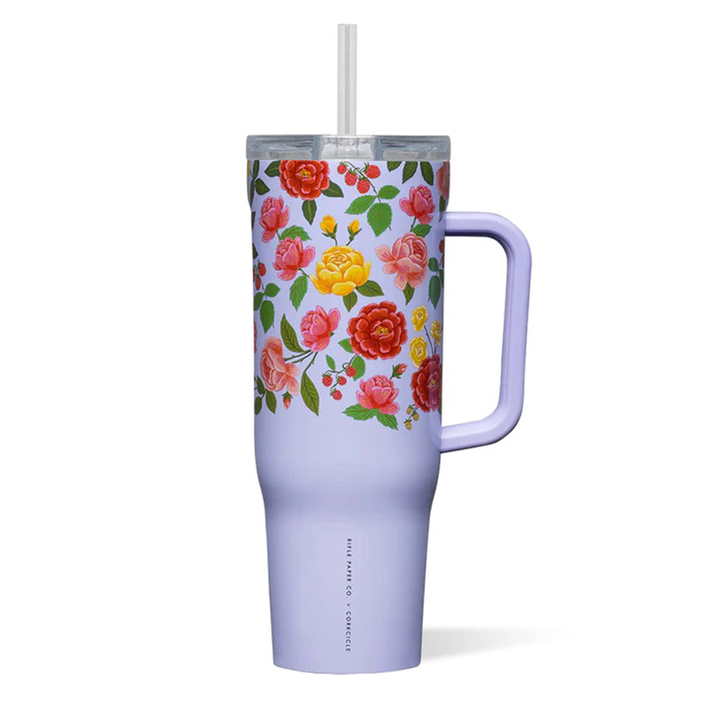Rifle Paper Co. x Corkcicle 40 ounce insulated stainless steel cruiser cup with clear lid and straw and the Roses floral print on a purple background.