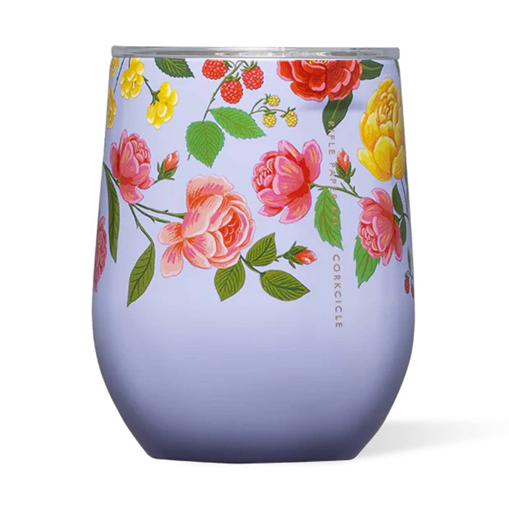 Rifle Paper Co. x Corkcicle 12 ounce insulated stainless steel stemless cup with clear lid and the Roses floral print on a purple background.