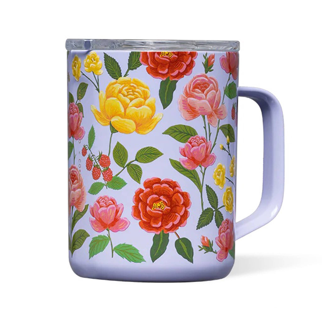Rifle Paper Co. x Corkcicle 16 ounce insulated stainless steel coffee mug with clear lid and the Roses floral print on a purple background.