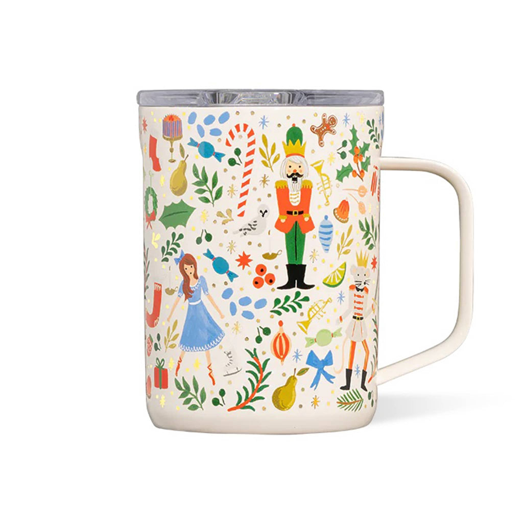 Rifle Paper Co. x Corkcicle 16 ounce stainless steel insulated mug with illustrated Nutcracker pattern on an ivory background and a clear plastic slide lid, front view with handle on the right side.