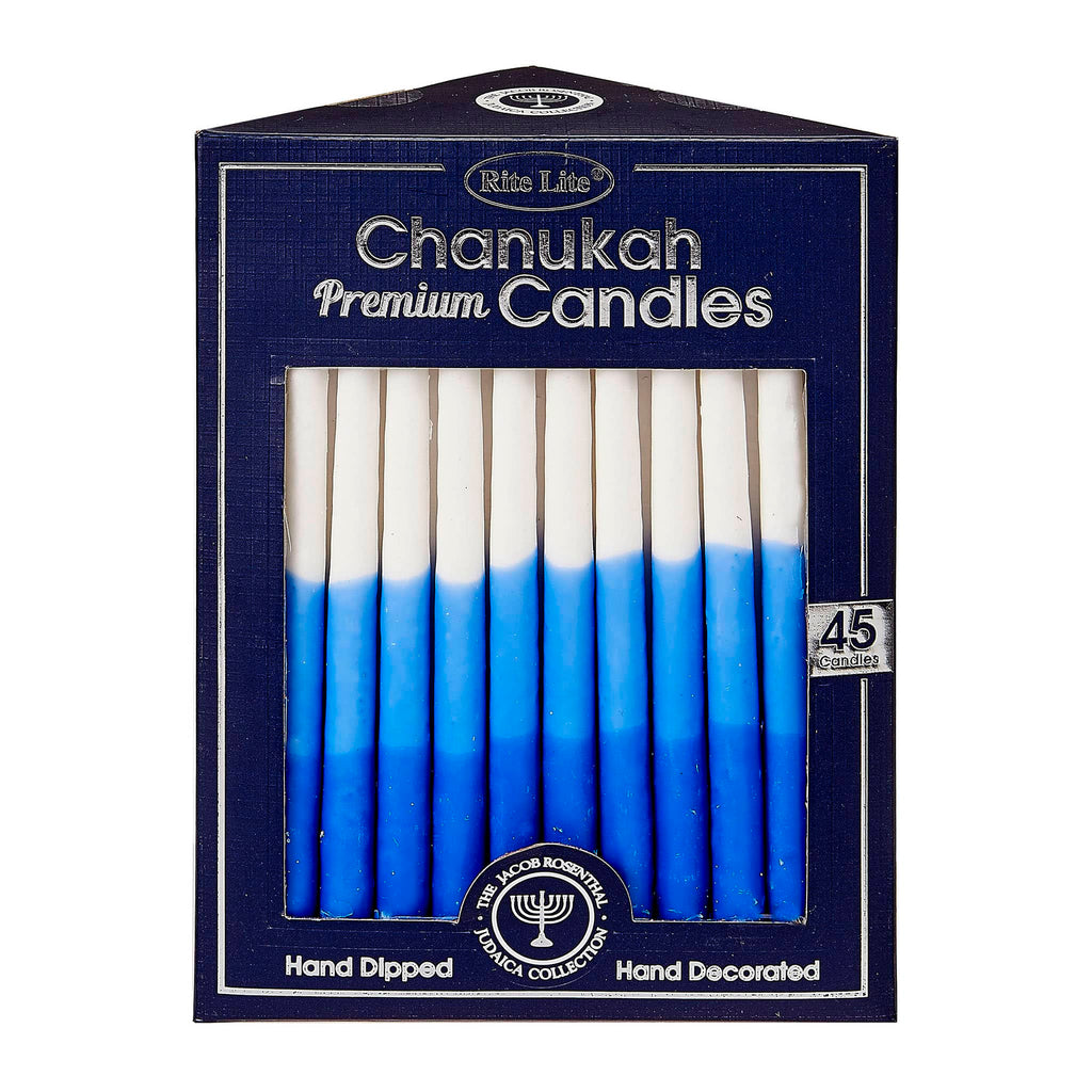 Rite Lite Premium Blue Gradient Chanukah Candles in navy blue box packaging.