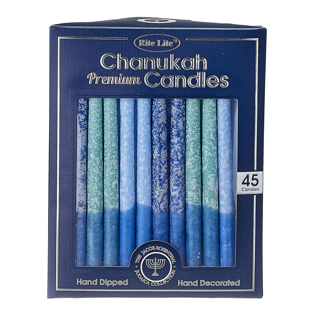 Box of Rite Lite Chanukah Premium Candles with frosted blue gradient design dipped in solid blue.