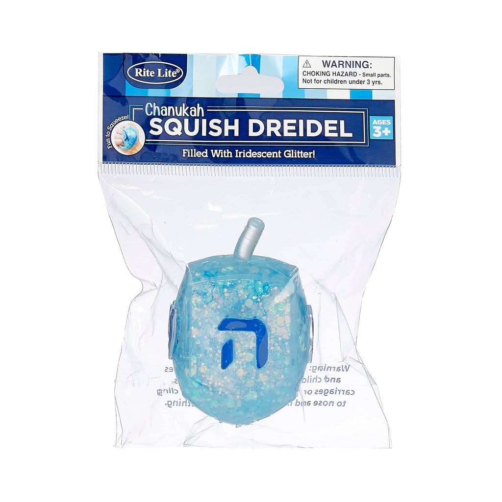 Rite Lite Chanukah Squish Dreidel with iridescent glitter in packaging, on a white background.