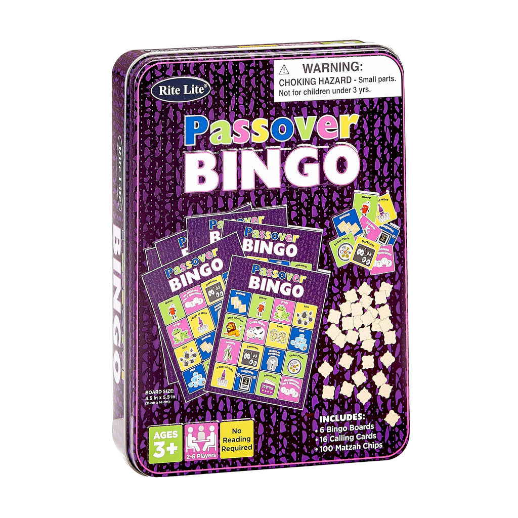 Rite Lite Passover Bingo game in collectible tin, front angle view.