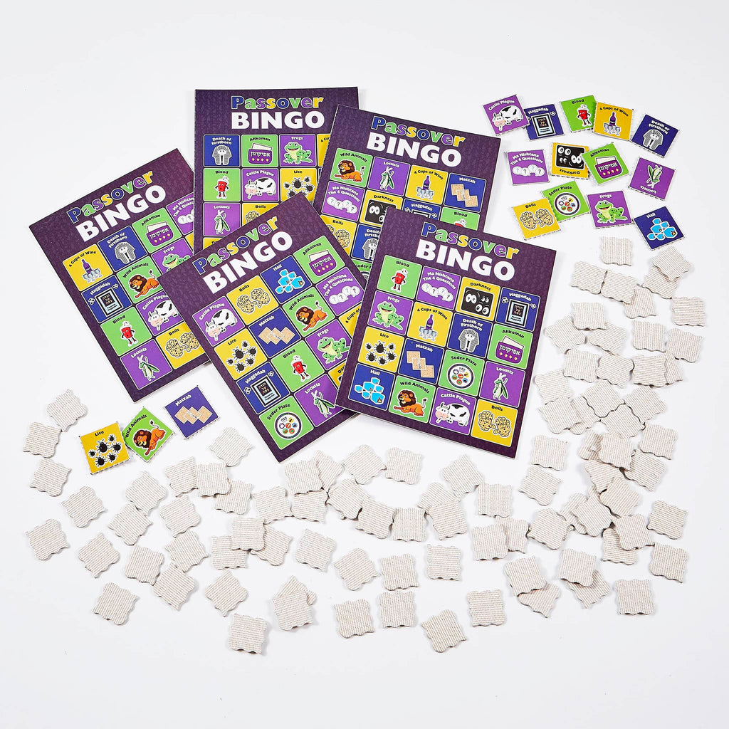 Rite Lite Passover Bingo game, included boards and markers shown.