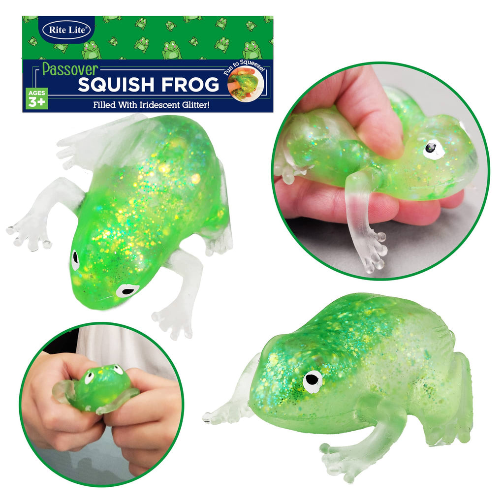 Rite Lite Passover Squish Frog filled with iridescent glitter, 4 views.