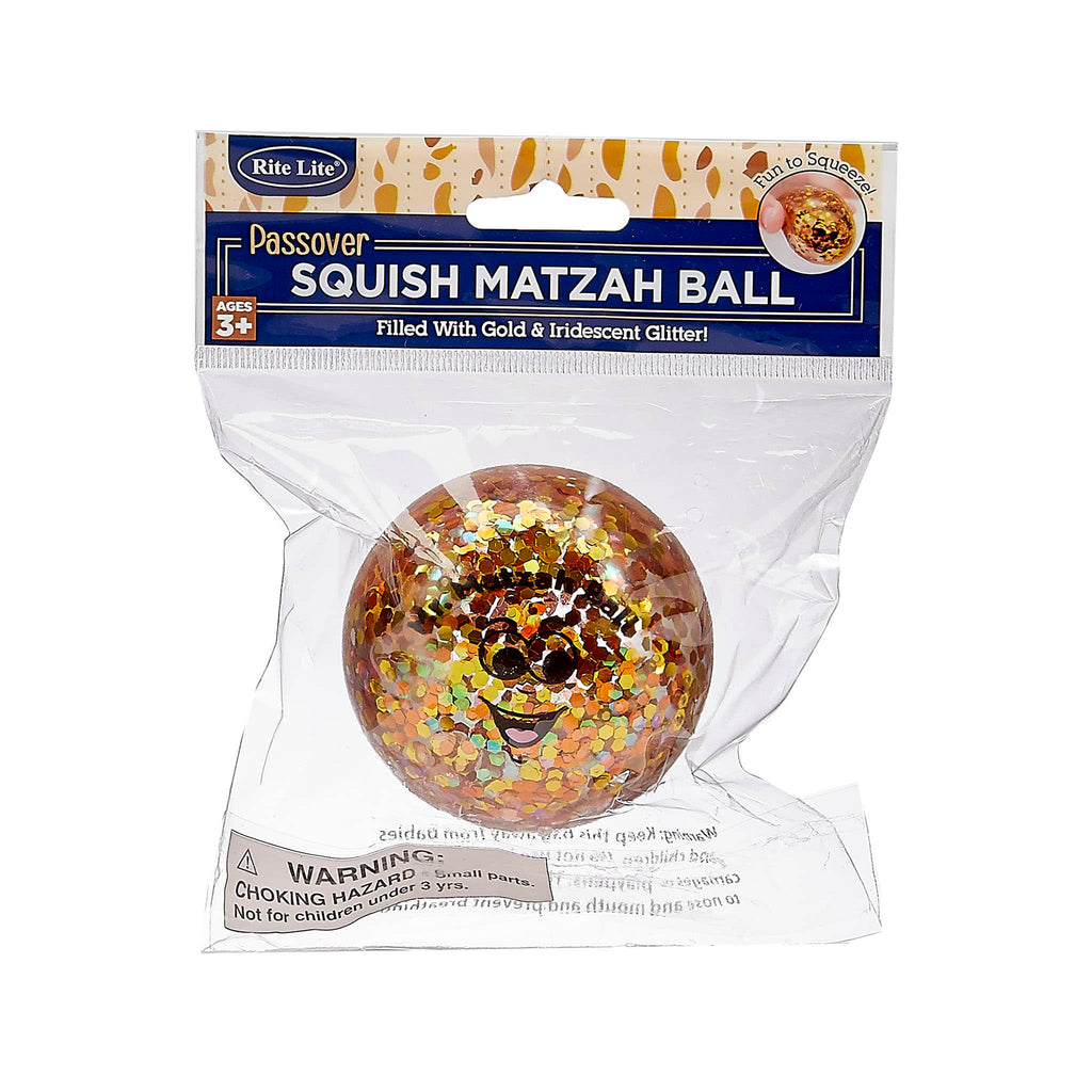 Rite Lite Passover Squish Matzah Ball filled with gold and iridescent glitter in pouch packaging, front view.