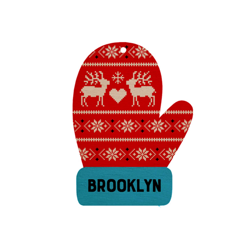 Red patterned wood mitten ornament with 'Brooklyn' on the blue cuff, on a white background.