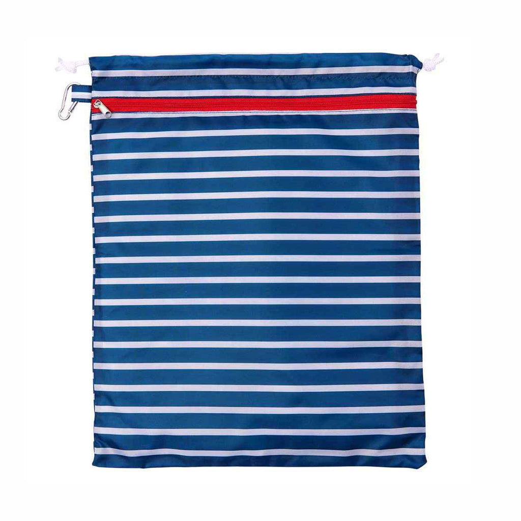 rockflowerpaper Breton Stripe splash proof travel drawstring bag with white and red stripes on a navy blue background, front view.