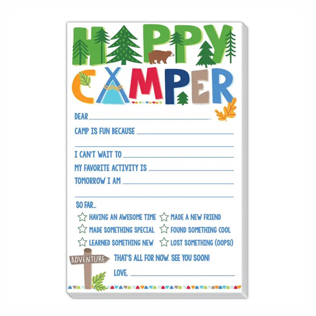 Rosanne Beck "Happy Camper" notepad with rustic graphic lettering on a white backdrop with blue lines and prompts.