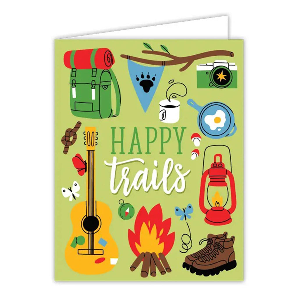 Rosanne Beck Collections Happy Trails with camping gear illustrations greeting card, front view.