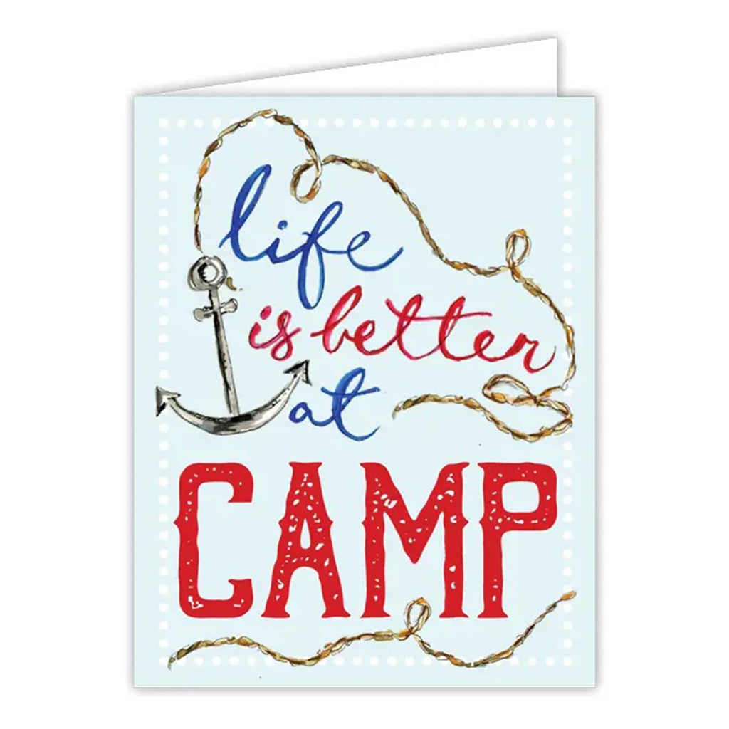 Rosanne Beck Collections Life is Better at Camp with anchor illustration greeting card, front view.