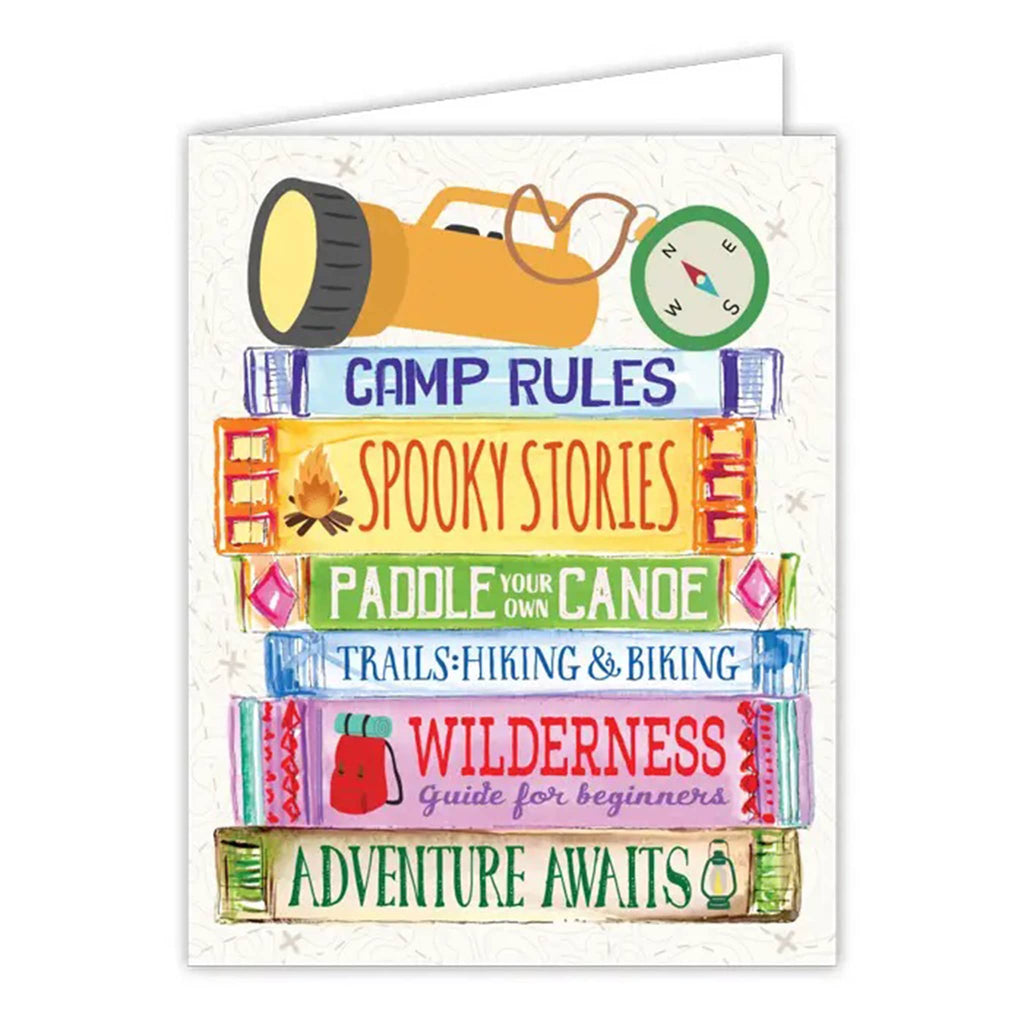 Rosanne Beck Collections hand painted stack of books camp greeting card, front view.