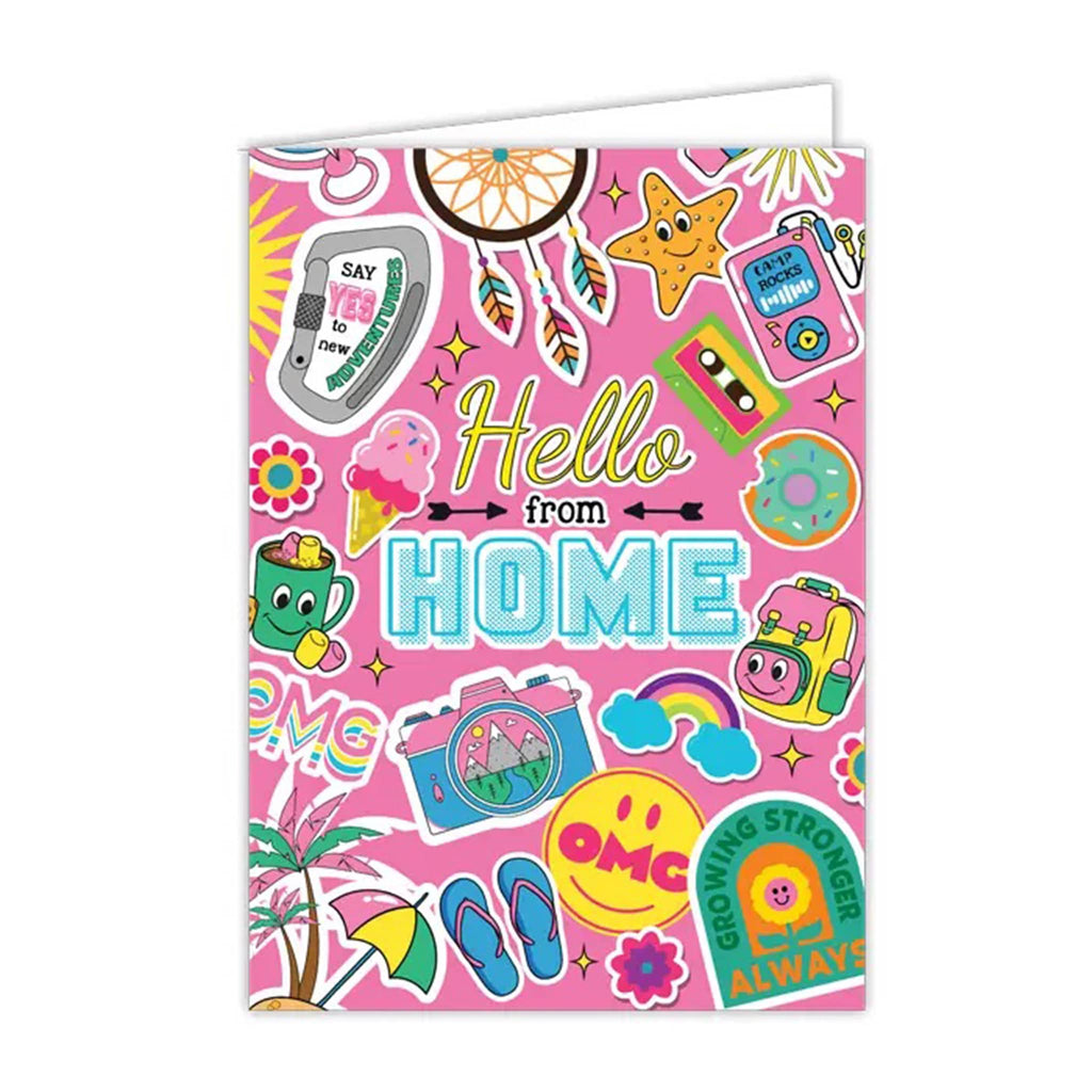 Rosanne Beck Collections Hello from Home pink camping icons greeting card, front view.