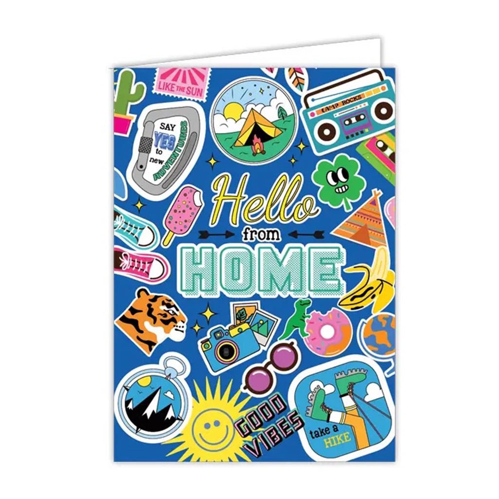 Rosanne Beck Collections Hello from Home blue with camping icons greeting card, front view.