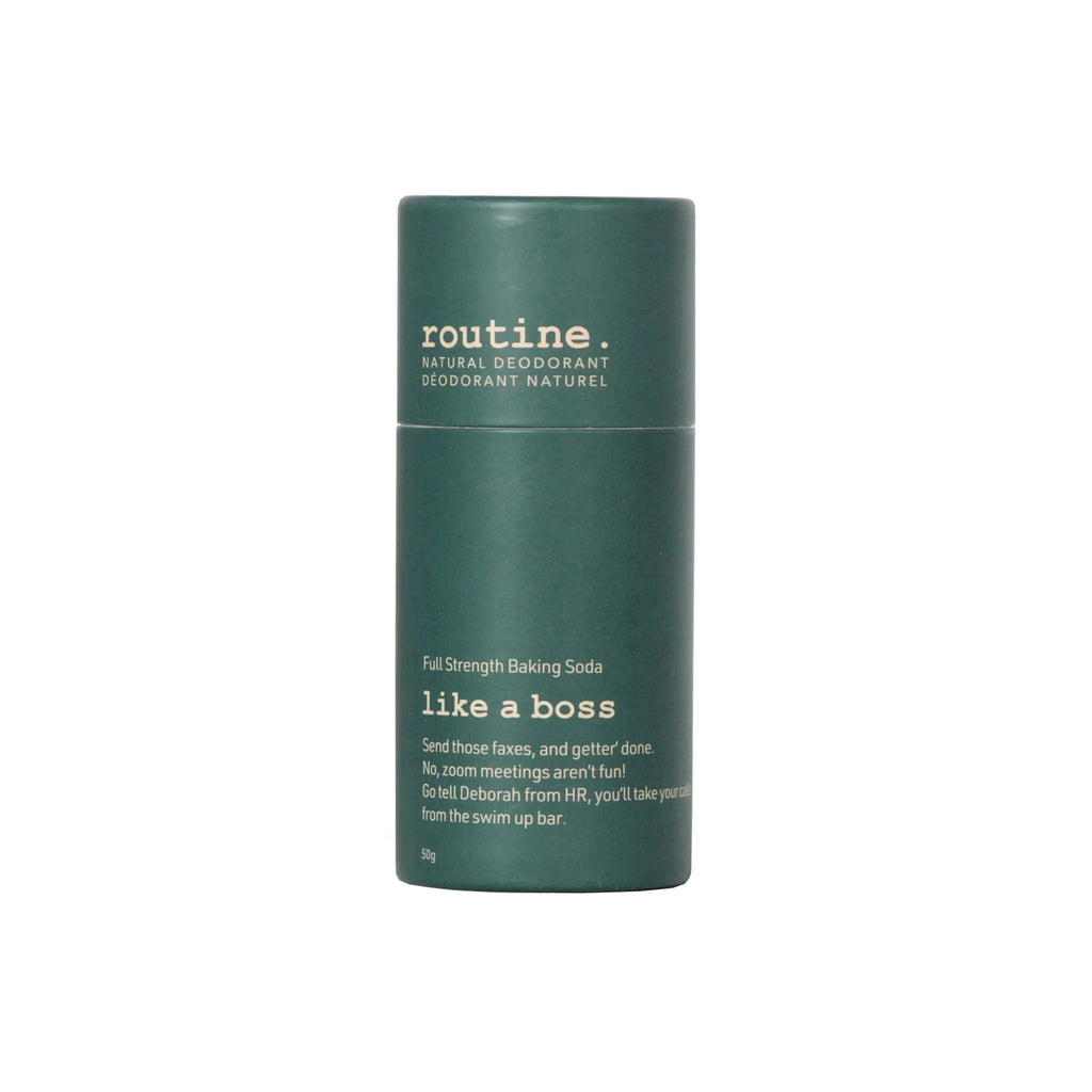 Routine Like A Boss Natural Deodorant Stick in hunter green cardboard tube packaging, lid on.