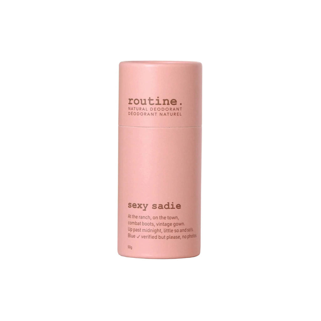 Routine Sexy Sadie Natural Deodorant Stick in pink cardboard tube packaging, lid on.