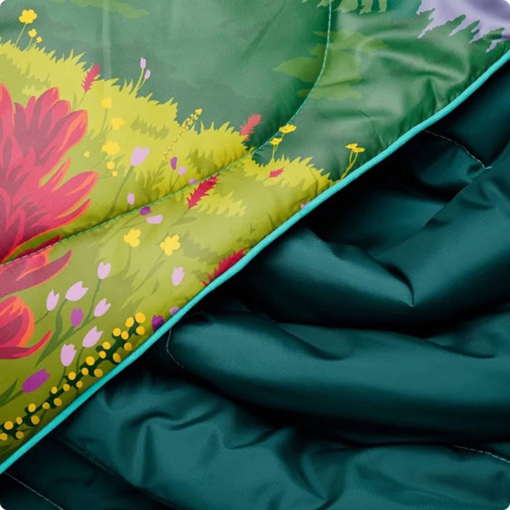 Teal fabric with a floral pattern on a green background.