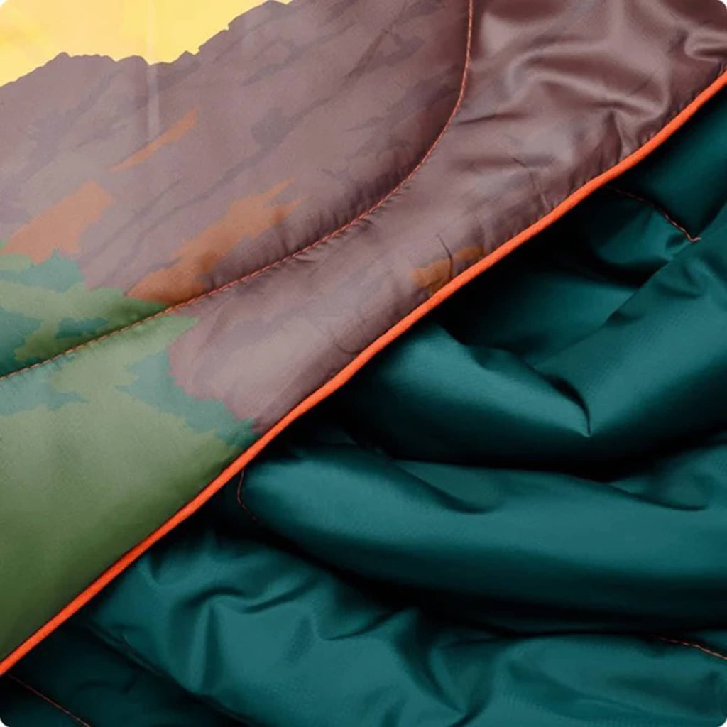 Close-up of a puffy blanket with camouflage pattern and teal green backing.
