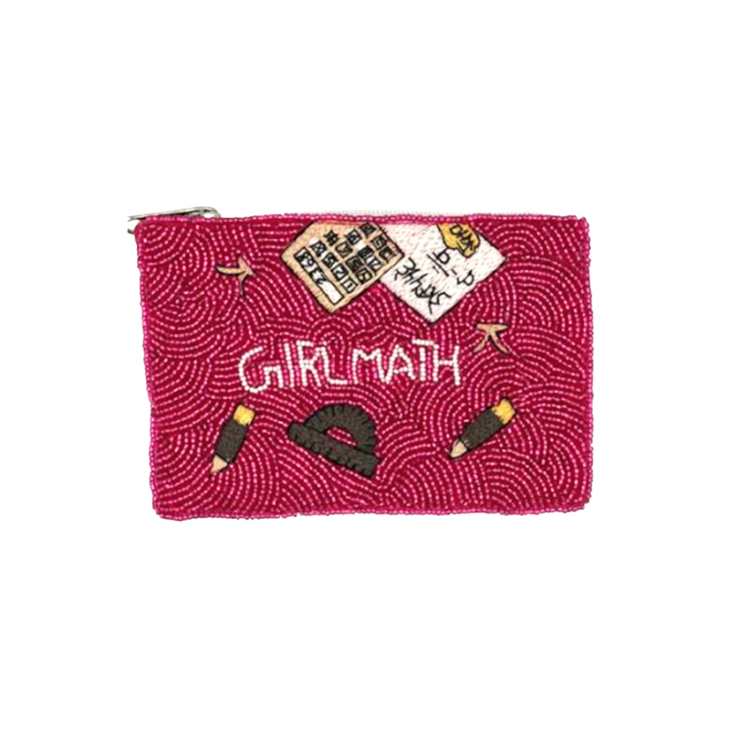 Beaded pink pouch with 'Girl Math' text and pencil, receipt and calculator illustrations, on a white background.