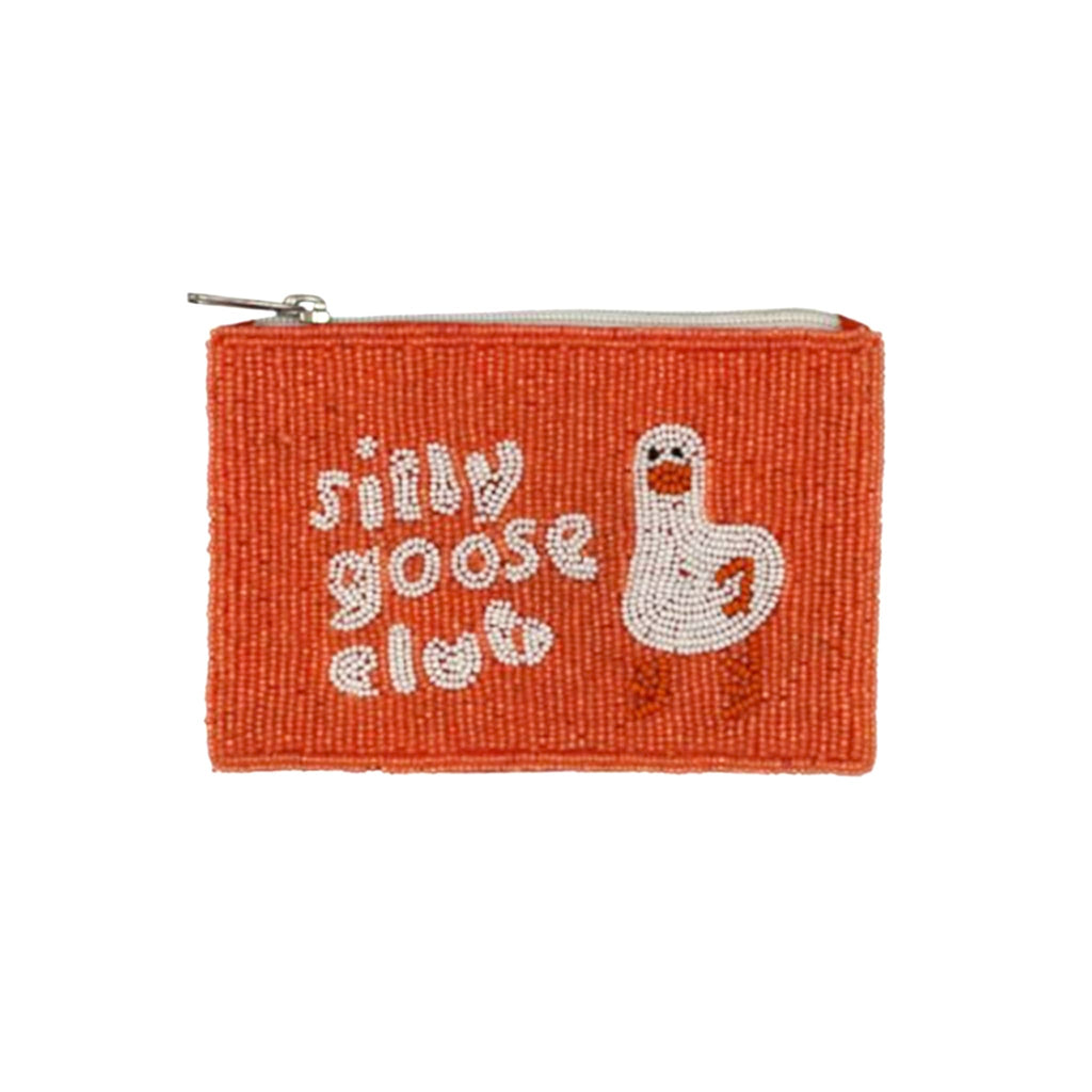 Orange beaded pouch with 'silly goose club' text and goose illustration on a white background.