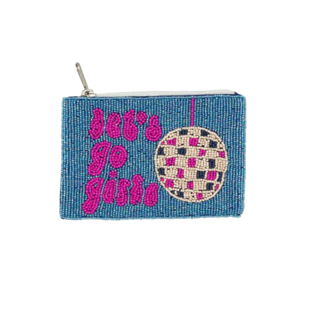 Blue beaded pouch with "let's go girls" in pink and a disco ball design on a white background.