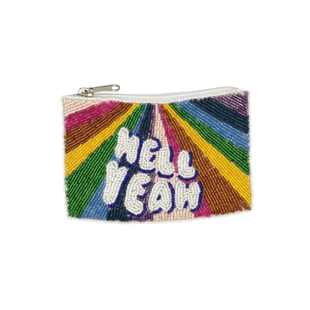 Colorful beaded pouch with 'Hell Yeah' text on a white background.