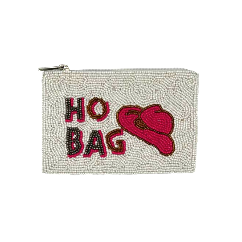 Beaded pouch with 'HO BAG' text and red cowboy hat design on a white background.