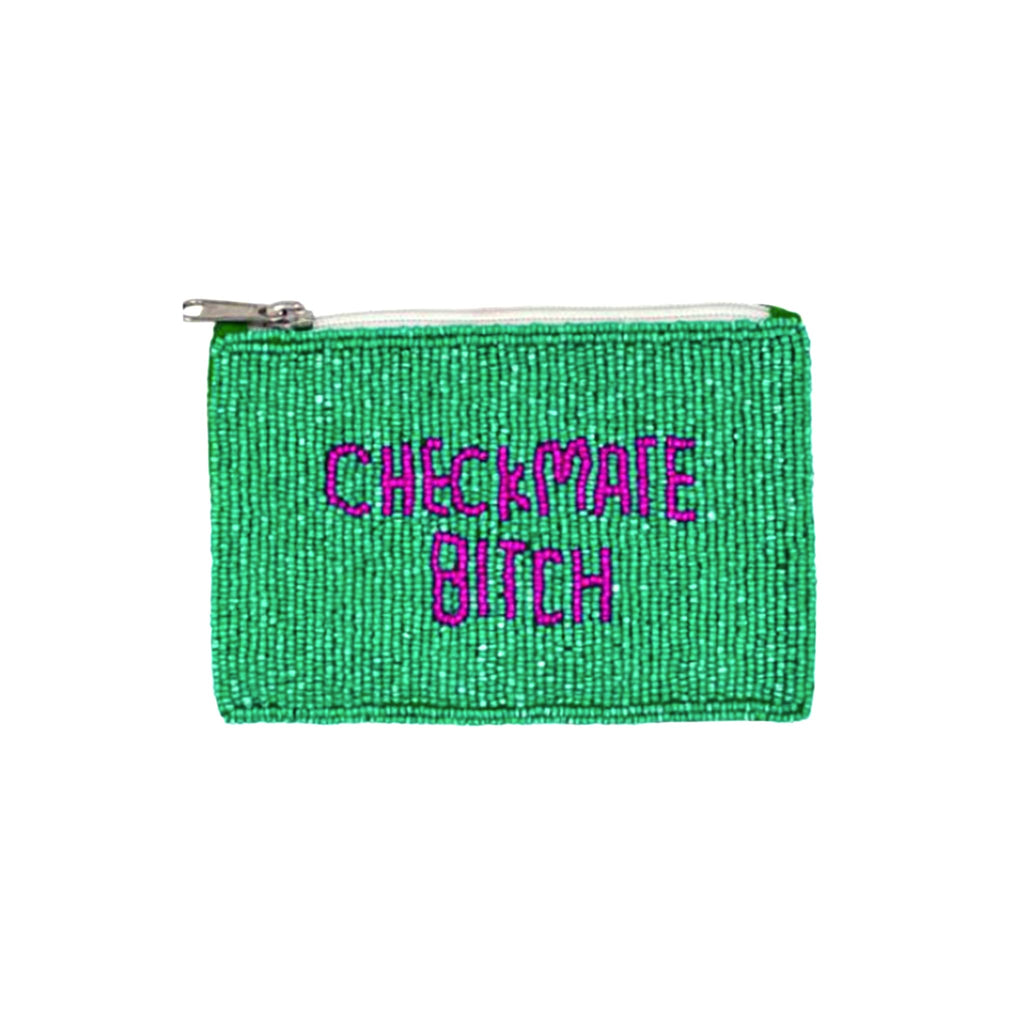 Green beaded coin pouch with "checkmate bitch" in bright pink text, on a white background.