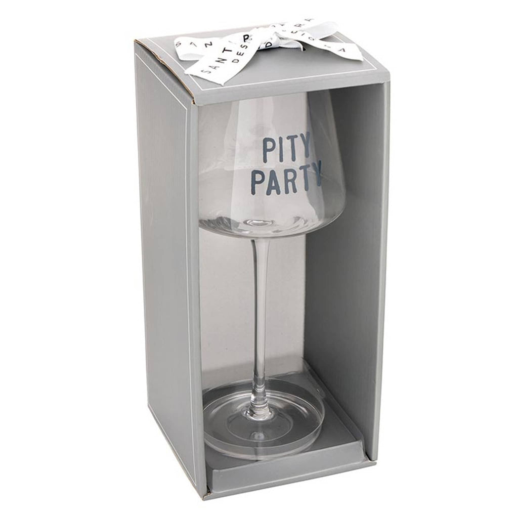 Clear wine glass with 'PITY PARTY' text in a gray box on a white background.