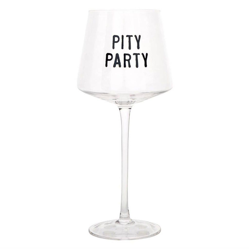 Wine glass with 'PITY PARTY' text on a white background.