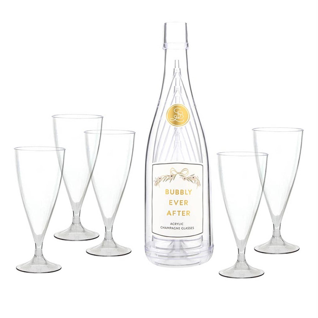 Acrylic bottle that says 'Bubbly Ever After' with five acrylic champagne flutes on a white background.