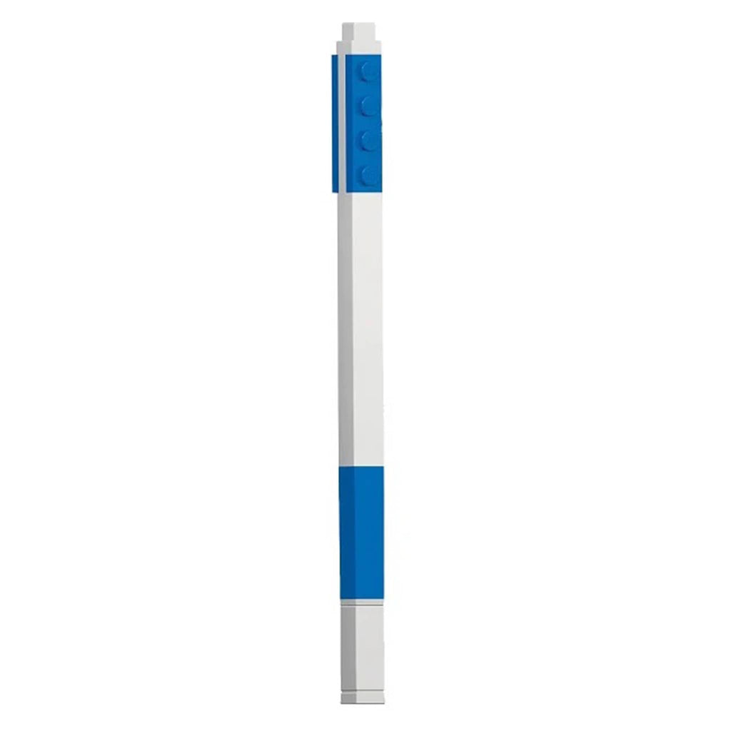 White pen with blue lego pieces and gel ink, on a white background.