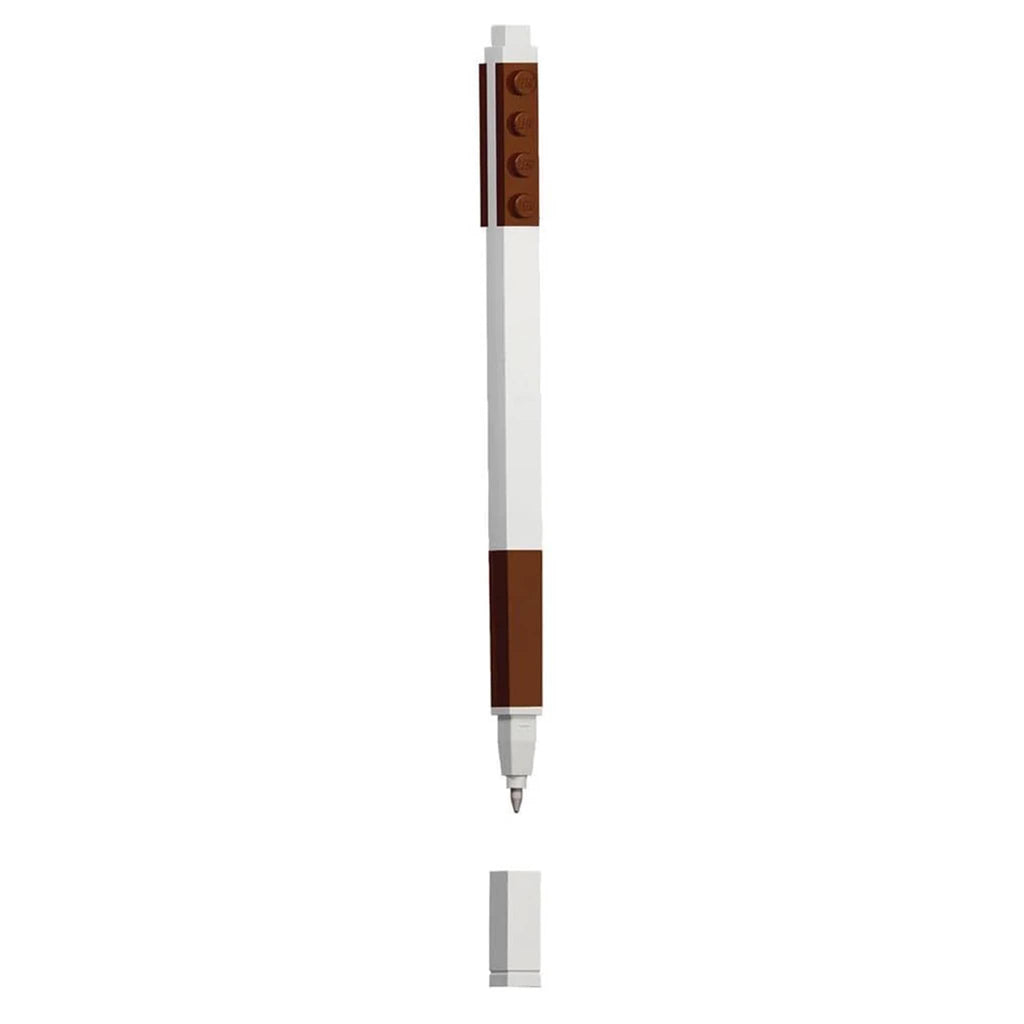 White pen with brown lego pieces and gel ink, on a white background.