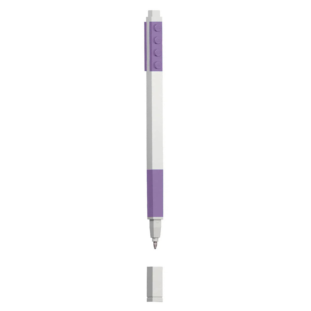 White pen with lavender lego pieces and gel ink, on a white background.