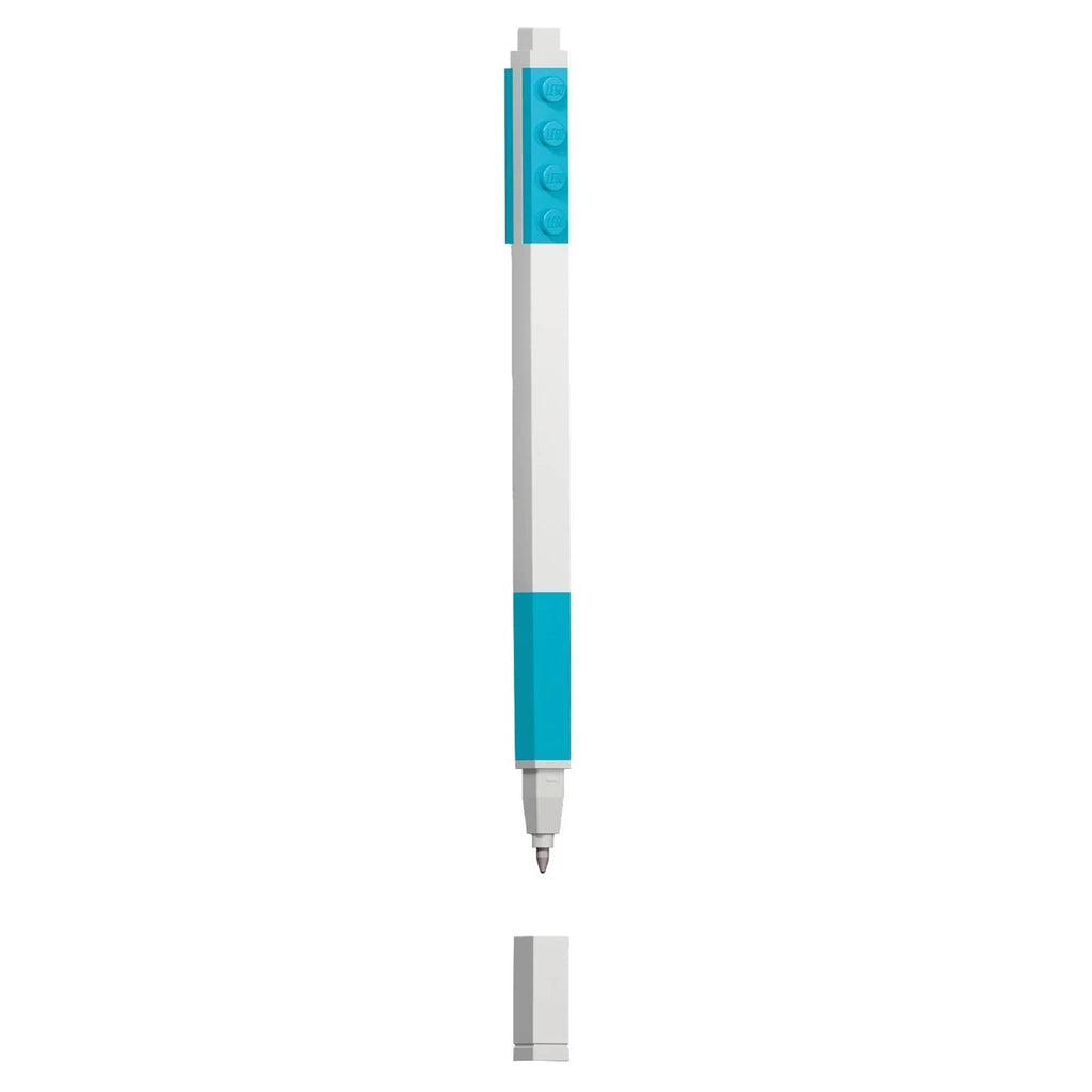 White pen with light blue lego pieces and gel ink, on a white background.