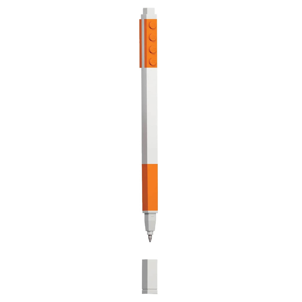 White pen with orange pieces and gel ink, on a white background.
