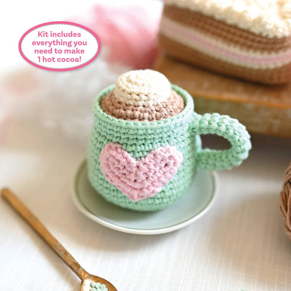 Crochet Cafe Hot Cocoa Amigurumi Kit, finished project.
