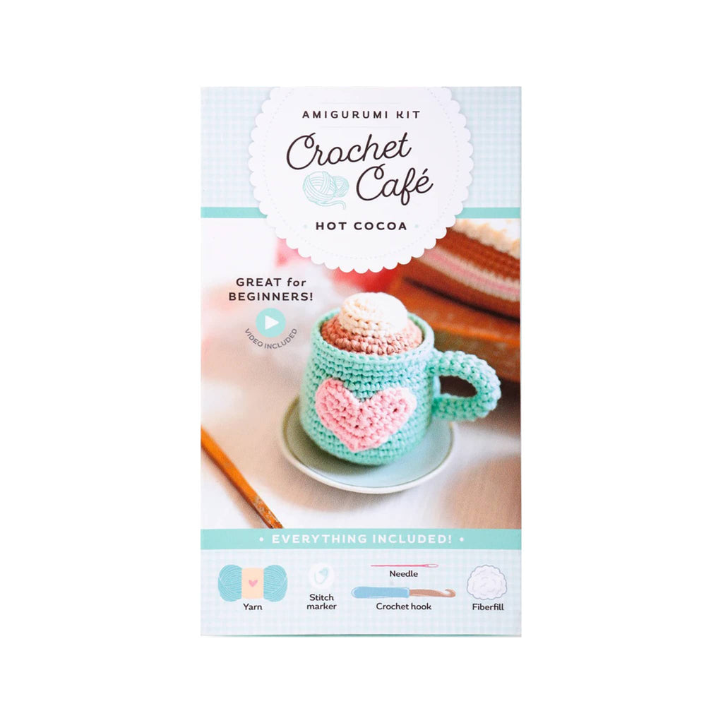 Crochet Cafe Hot Cocoa Amigurumi Kit in box packaging, on a white background.