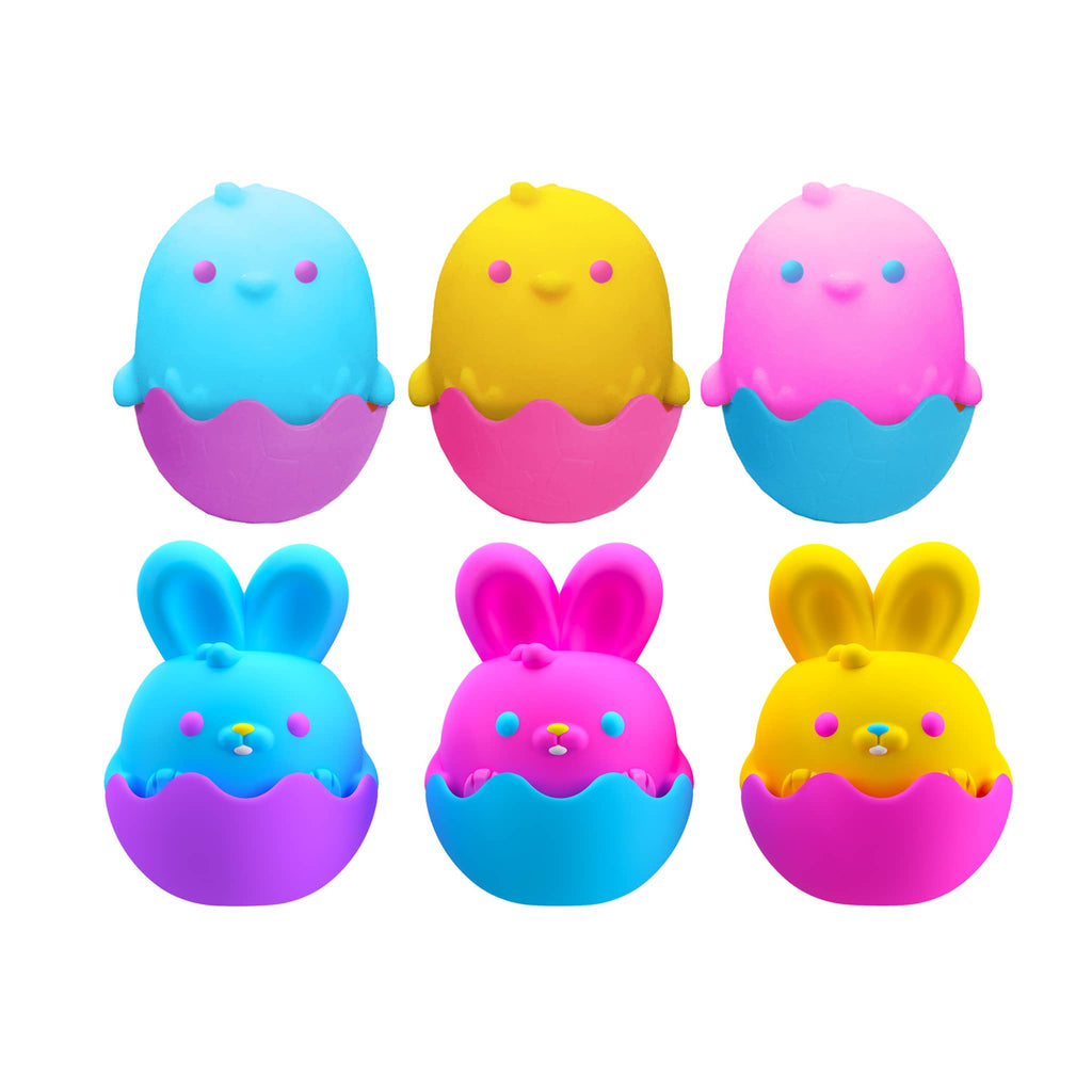 Schylling NeeDoh bunny and chick easter squish toys in various combinations of blue, yellow, pink and purple.