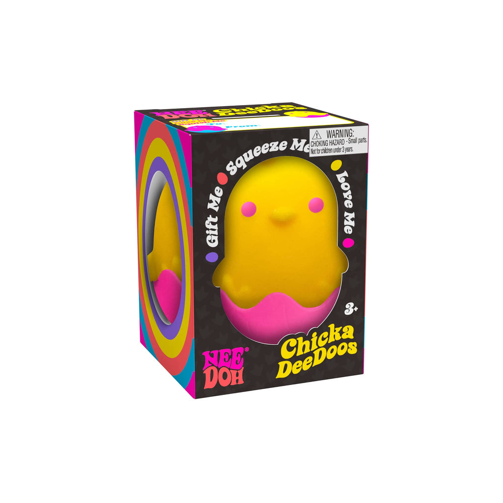 Schylling NeeDoh Chicka DeeDoos easter squish toy in box packaging, front angle view.