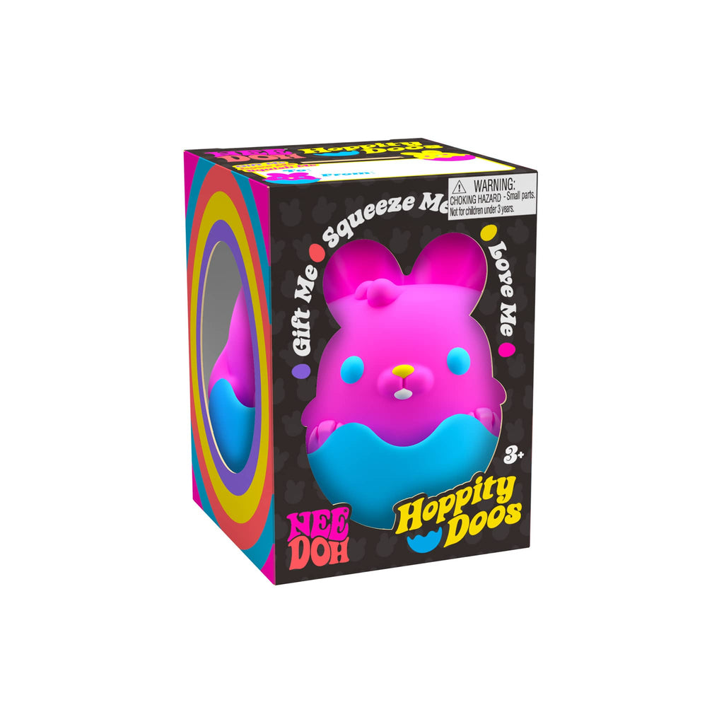 Schylling NeeDoh Hoppity Doos easter squish toy in box packaging, front angle view.