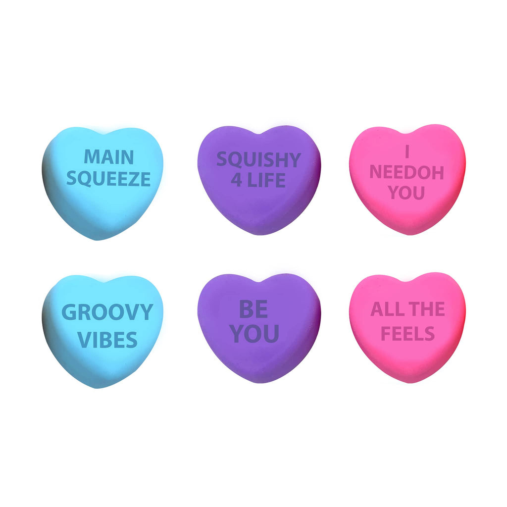 Schylling NeeDoh Color Change Squeeze Hearts squishie heart-shaped fidget toys in 3 colors and 6 sayings.