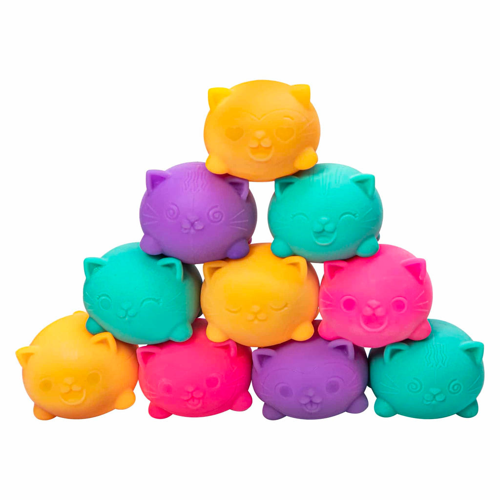 Schylling Teenie NeeDoh cool cats stress relieving fidget toy, stack of 10 showing all facial expressions and colors available.